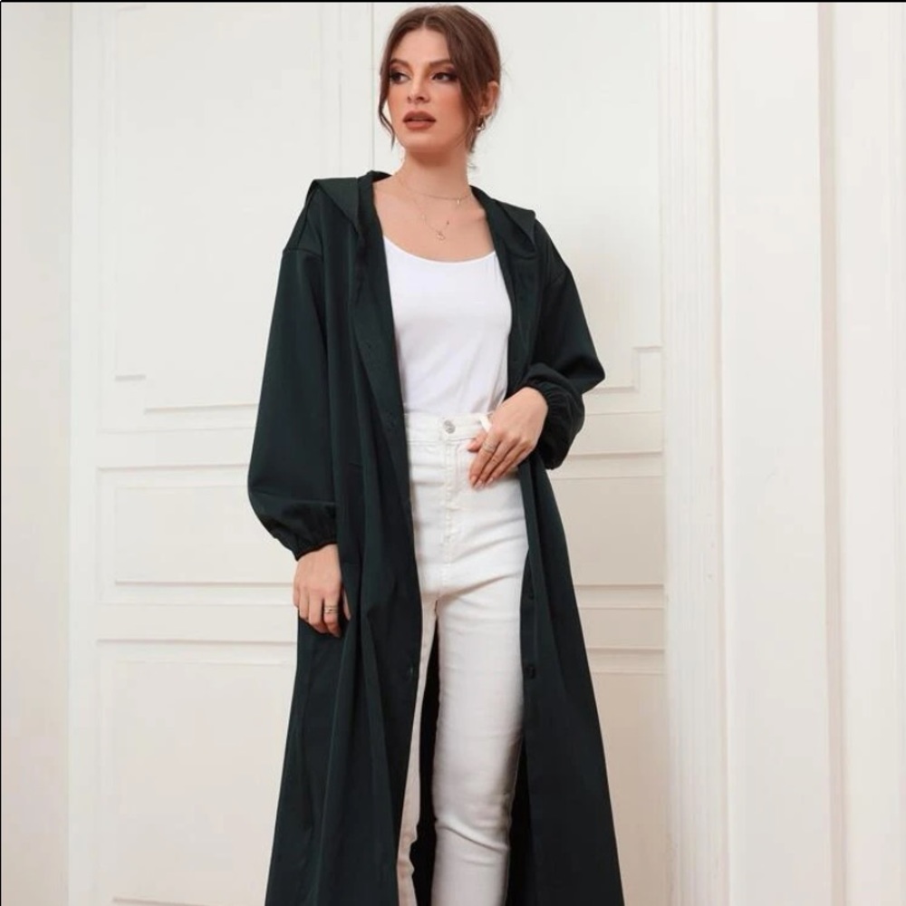 Solid Bishop Sleeve Hooded Coat/Abaya Dark Green